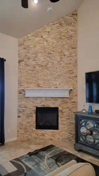 Stone fireplace wall